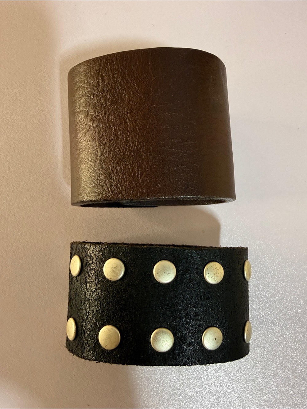 2 Leather Cuff Bracelets - Black Studded & Brown Plain
